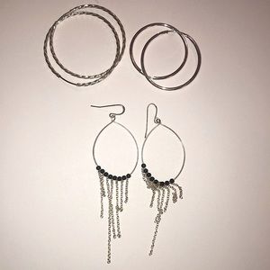 Silver Tone Earrings - 2 pairs of hoops earring and one pair of dangle earrings.